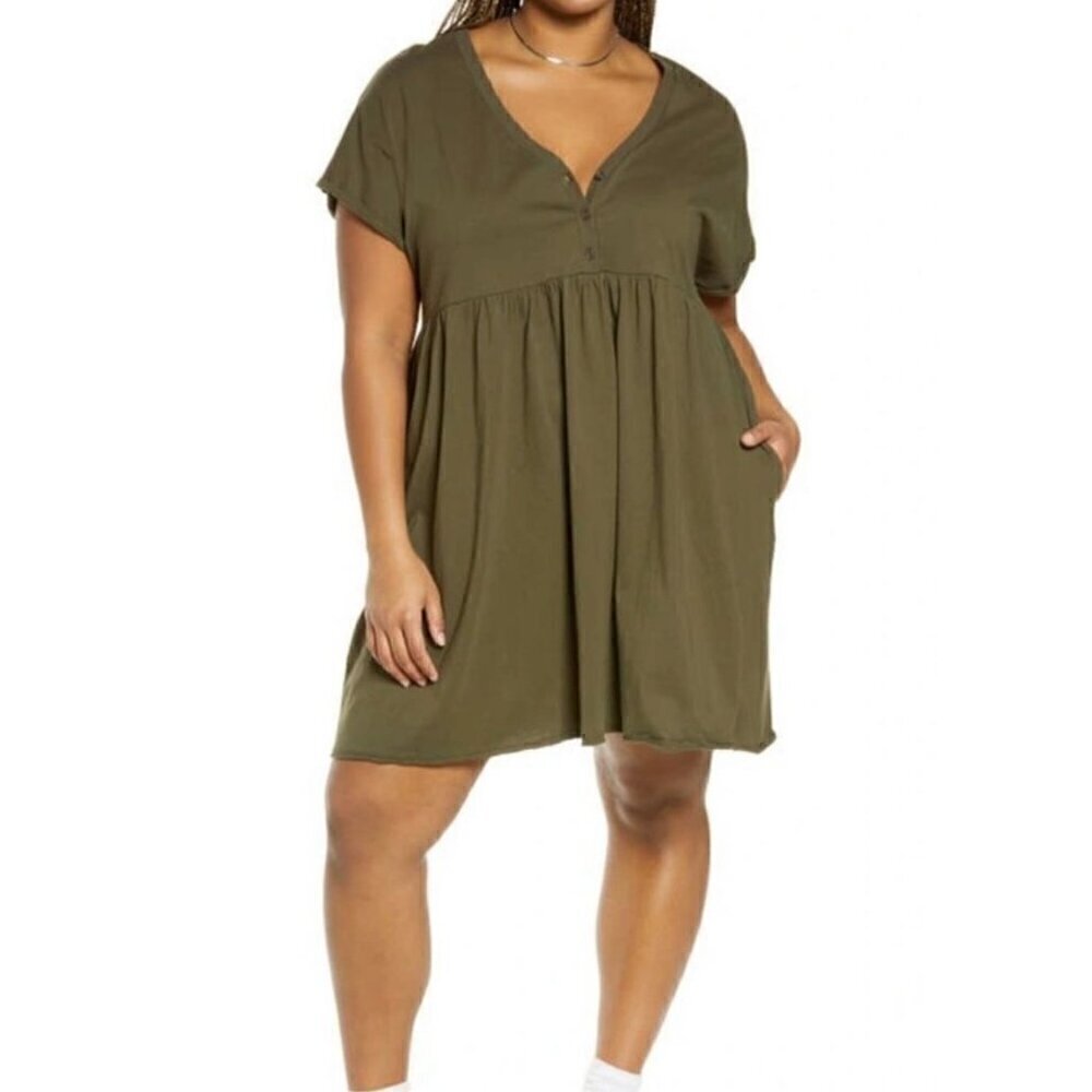 NWT BP by Nordstrom Olive Green Babydoll Short Sleeve Dress with Pockets - S